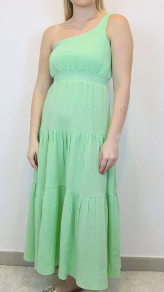 One shoulder long dress in green with flowing details. Natural Fashion One shoulder long dress in green with flowing details. Natural Fashion