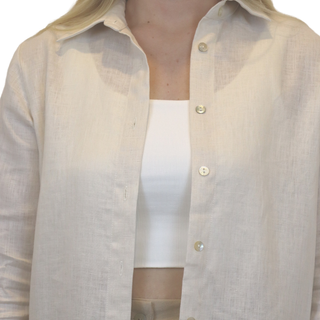 Front of Long sleeved linen shirt open