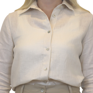 Front of Long sleeved linen shirt buttoned up